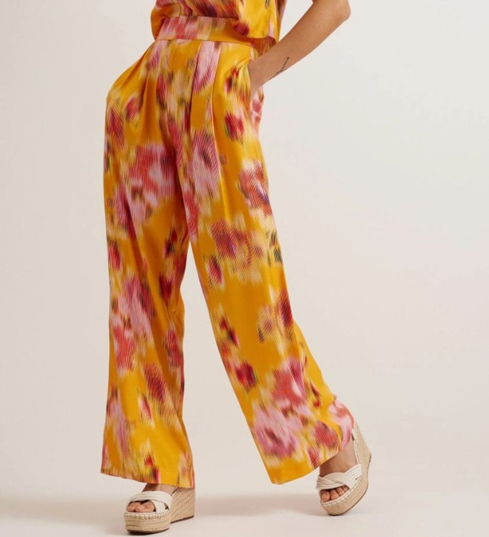 Ted Baker Womens 6 Hitako High Waisted Wide Leg Pants Blurred Floral Orange